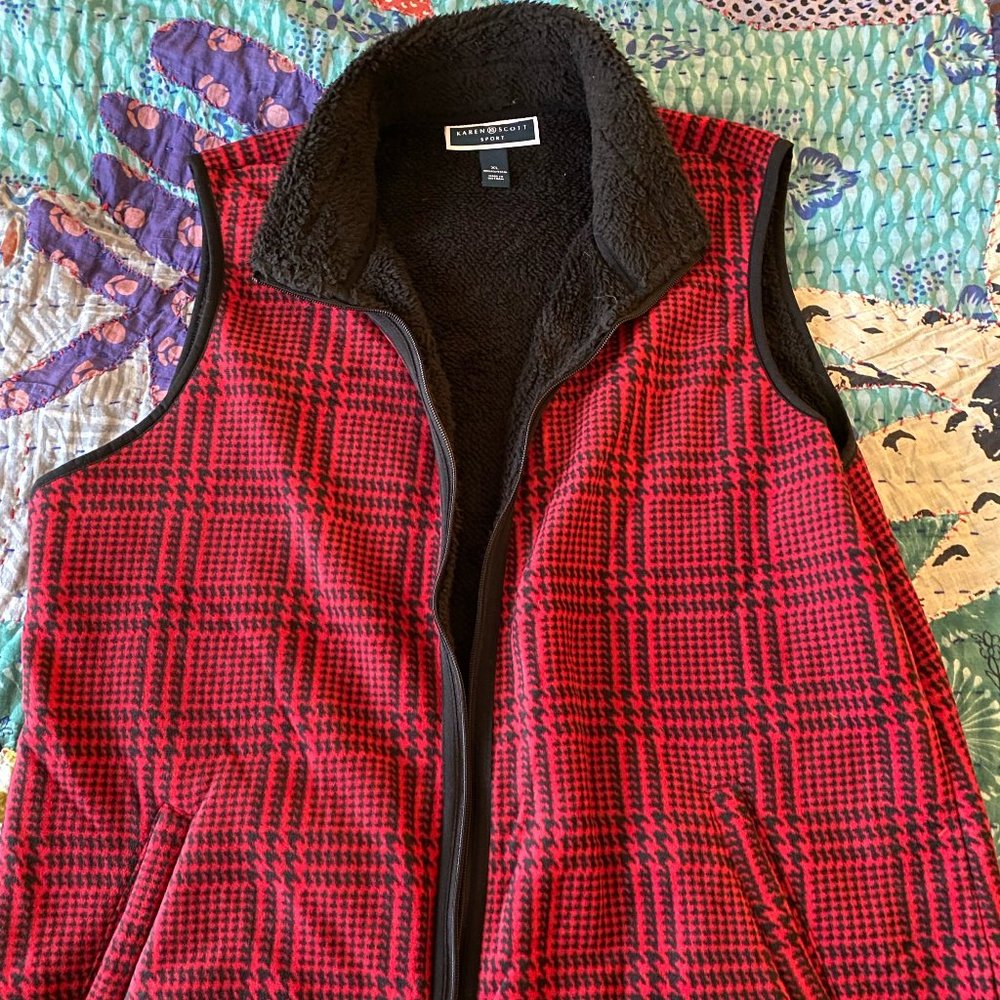 Houndstooth Gingham Sherpa Zip Up Vest with Pockets